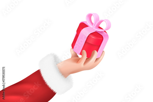 3d santa hand holding gift. Isolated Claus arm hold giftbox with ribbon, christmas present new year surprise winter holiday shopping or party realistic render vector illustration