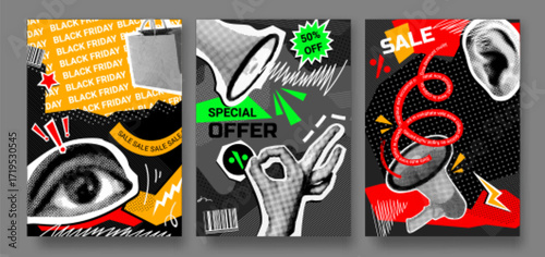 Black friday halftone flyers. Shopping sale posters pop art collage, social media marketing post design retro outcut paper loudspeaker percent discount offer vector illustration