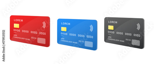 Realistic credit cards. Debit bank card mockup template for atm, nfc chip contactless payment digital money red blue black design world pay plastic set 3d vector illustration