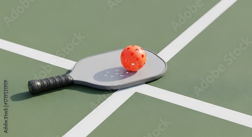 Pickleball Paddle and Orange Ball on Green Court sport
