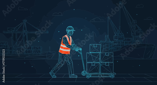 Abstract vector illustration representing a worker transporting boxes at a port area using a dolly