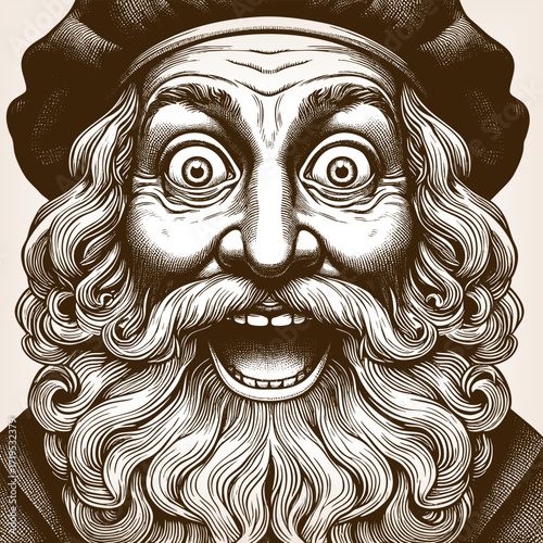 old man with curly beard, wide eyes, and open mouth, wearing a soft Renaissance-style cap sketch engraving generative ai fictional character vector illustration. Scratch board. Black and white image.