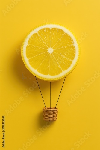 Lemon hot air balloon creative concept on yellow background