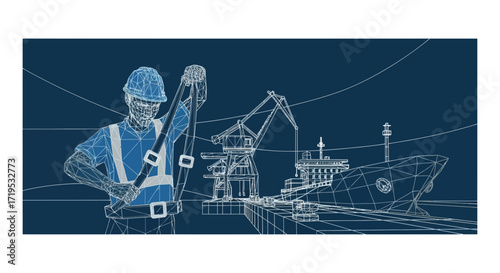 Blueprint depiction of maritime industry worker overseeing cargo ship operations at a dock