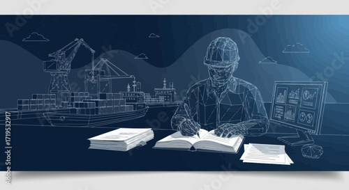 Blueprint illustration depicting port operations management and engineering tasks with a worker