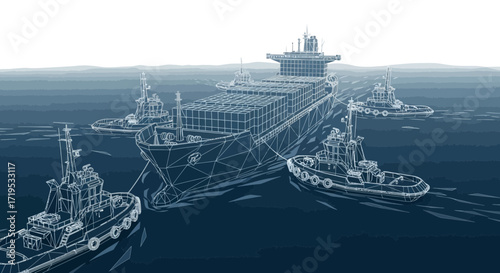 Blueprint illustration of a container ship escorted by tugboats in deep blue sea