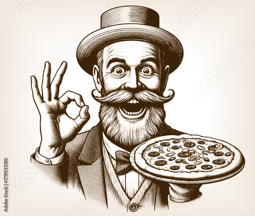 smiling man with beard and mustache, wearing a top hat, holding a pizza and making an OK gesture sketch engraving generative ai fictional character vector illustration. Scratch board. Black and white.
