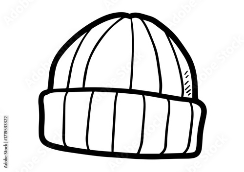 Knitted beanie hat in simple outline design on white background  