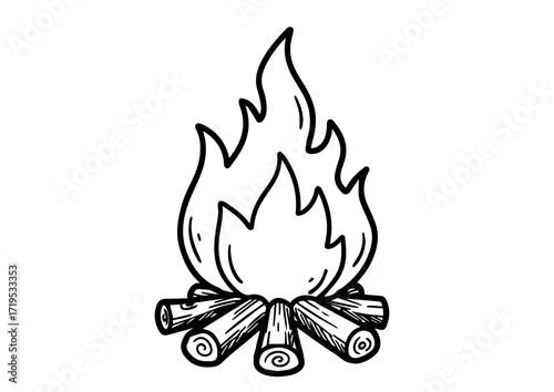 Campfire with logs and flames in simple black and white design  