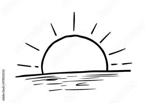 Hand-drawn sun rising over ocean waves in minimalist style  