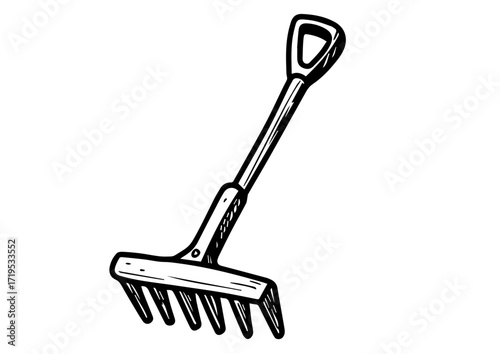 Garden rake tool in black and white illustration for gardening  