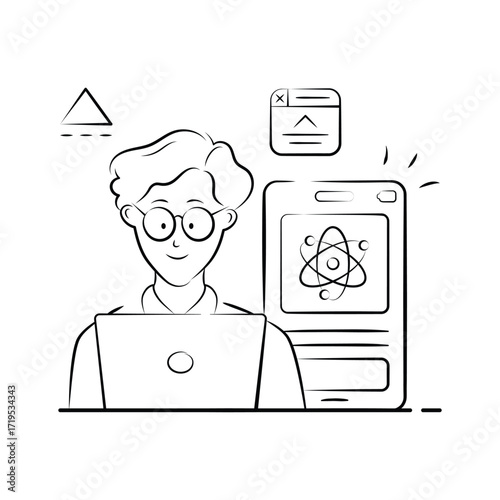 A stylized illustration of a programmer, working on a laptop and a mobile device.
