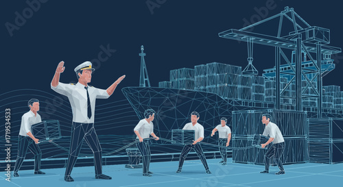 Conceptual illustration of shipping logistics showcasing maritime operations and teamwork