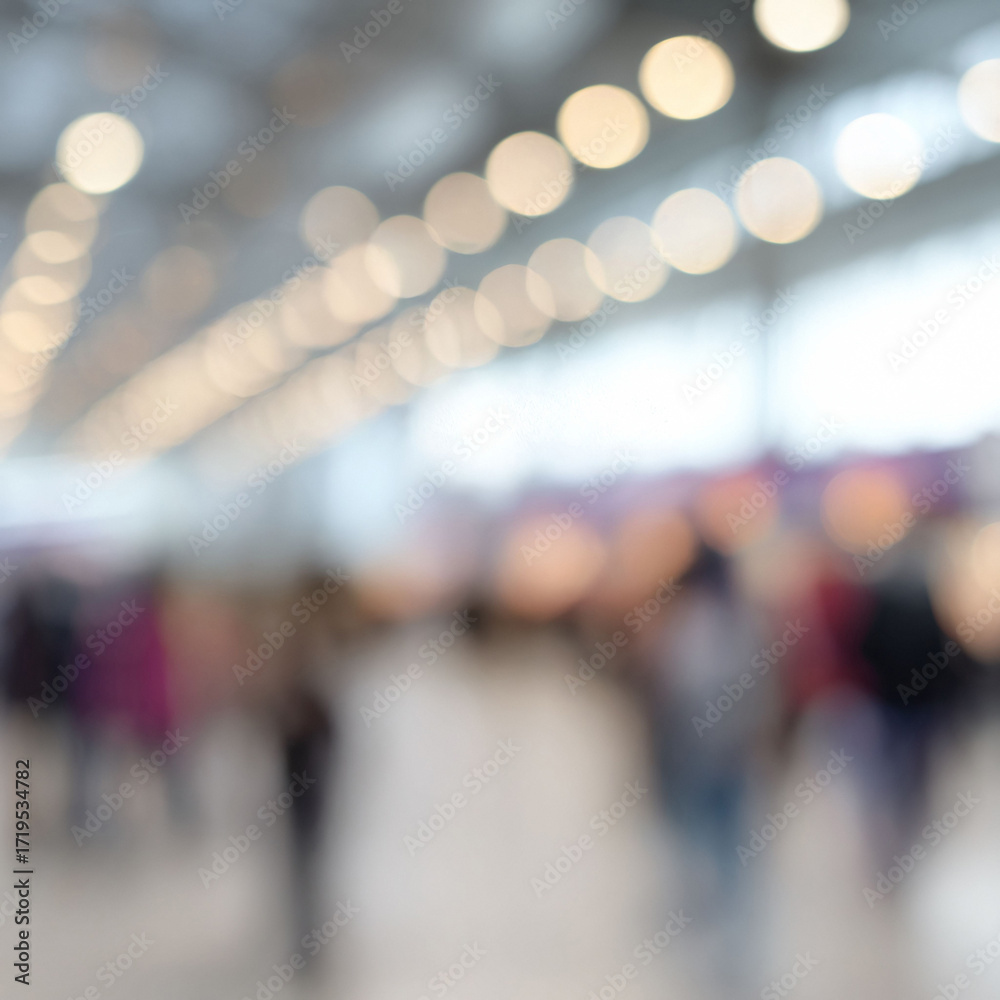 Obraz premium Blurred motion of people in a large hall, bokeh lights overhead. Abstract background perfect for web design, presentations, and atmospheric visuals.
