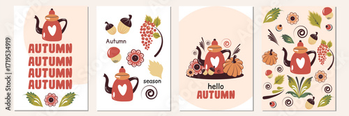 Vector Autumn set of greeting cards with Red Teapot, Pumpkin, nuts, flowers and Rowan Berries. Cozy autmn illustration hello autumn