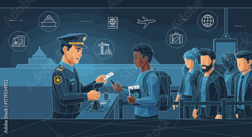 Customs and immigration inspection in airport for international travelers passport control