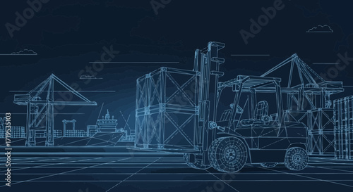 Detailed blueprint illustration depicting forklift operations in a bustling harbor port