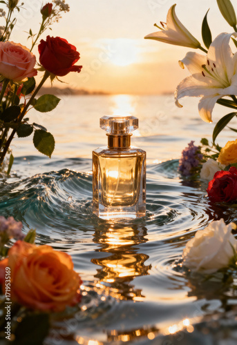 Elegant perfume bottle surrounded by flowers at sunset.