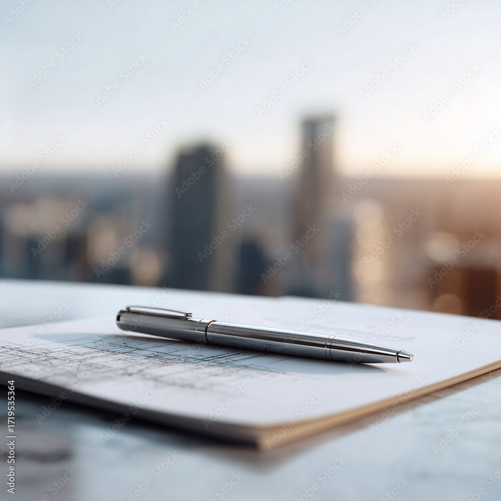 Fototapeta premium Pen resting on documents with a cityscape backdrop. Symbolizes strategy, planning, contracts, and deals. Perfect for finance, real estate, or business materials.