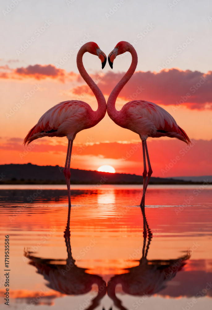 Fototapeta premium Two flamingos stand in a heart shape against a sunset.