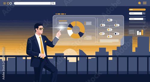 Executive analyzing business data on a transparent screen with a cityscape background