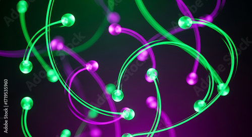 Abstract glowing particles dance and intertwine in vibrant neon streaks against a dark background.