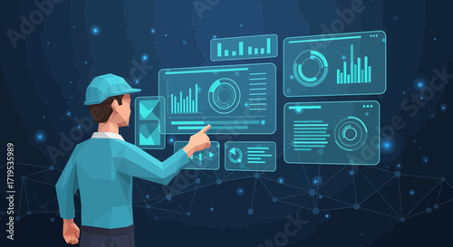 Illustration of a futuristic tech interface with a person interacting with data panels