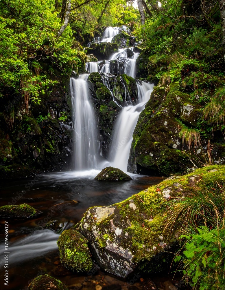Fototapeta premium Lush waterfall cascading down mossy rocks in a verdant forest