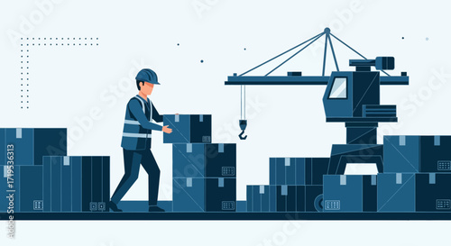 Illustration of a worker lifting boxes at a shipping dock with a crane at the port