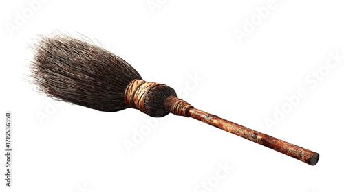 Witch broom illustration with worn bristles isolated on transparent background 
