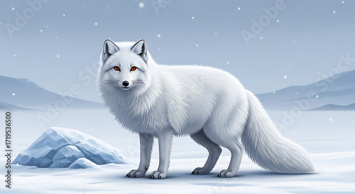 Majestic white fox stands alert in a serene, snowy winter landscape with glowing eyes.