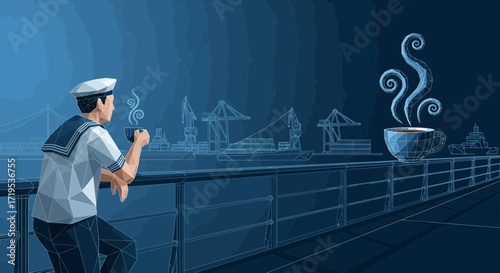 Low poly art depicting a sailor enjoying coffee on a ship overlooking the harbor scene