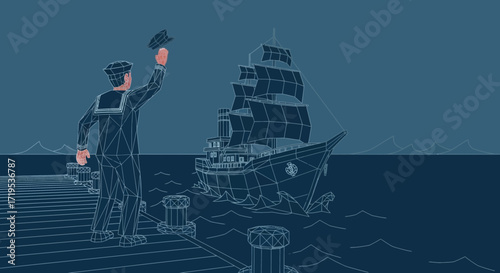 Low poly design illustration of a sailor waving goodbye to a departing ship on the pier