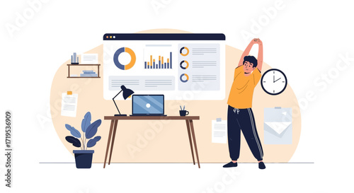 Man stretching near desk in home office promoting wellness and health break