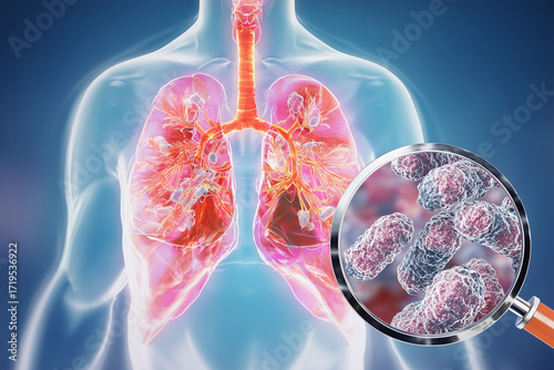 Medical 3D illustration of human lungs infected with Legionella pneumophila, torso showing lung anatomy, magnifying glass highlighting bacteria inside alveoli, realistic cellular structure 