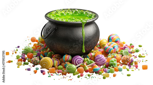 Witch’s cauldron with bubbling green potion, surrounded by candy and lollipops, isolated on transparent background 