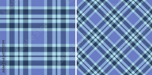 Two blue plaid patterns, one orthogonal, the other diagonal. Seamless, textile ready. Represents tradition, design, and cozy fabrics. Versatile for backgrounds, fashion, and crafts.