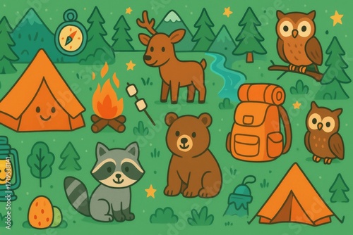 Seamless camping cartoon pattern for kids with tents, campfires, and animals in playful colors for adventurous outdoor-themed decor. Generative AI