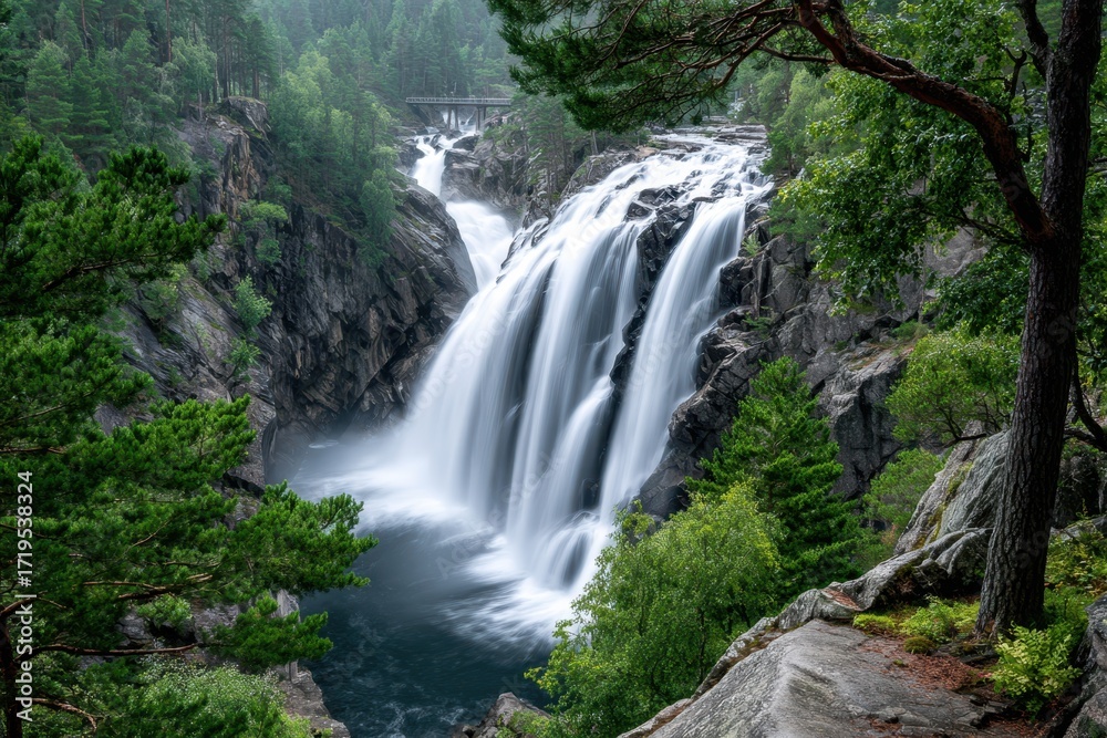 Fototapeta premium Majestic Waterfall Cascades Through Rocky Gorge in Lush Forest