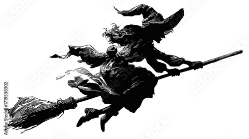 Young witch flying on broomstick with pointed hat isolated on transparent background 
