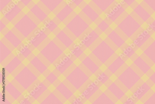 Delicate pink  yellow plaid pattern, diagonally oriented. Ideal for backgrounds, textiles, or designs requiring a soft, classic touch. Use for craft, fabric, design projects.
