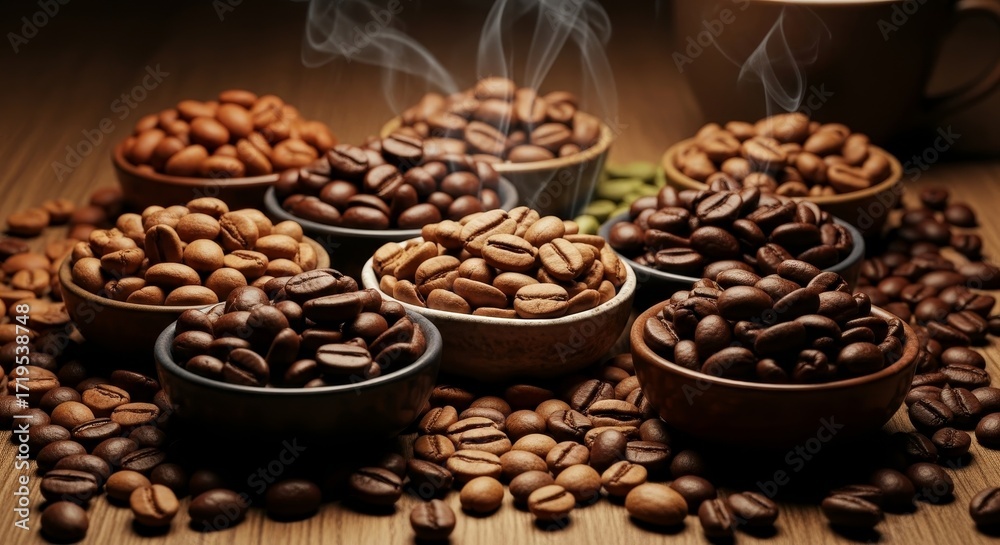 Fototapeta premium Variety of roasted coffee beans in wooden bowls with steam