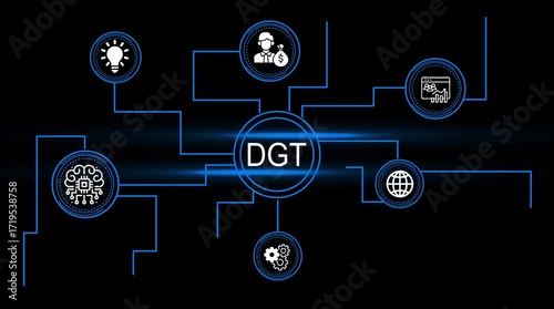 Digital transformation network connecting innovation business growth artificial intelligence global connectivity and operational efficiency concepts with D G T text overlay and blue glowing lines