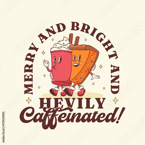 Christmas Groovy Santa Latte and Gingerbread Pie Retro Characters Print. Cartoon Xmas Comic Illustration Card. Vector Winter Holiday Mascot Template Background. Happy Vintage Cool Drawing Isolated