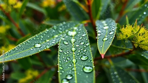 Close-up of leaves with water droplets glistening