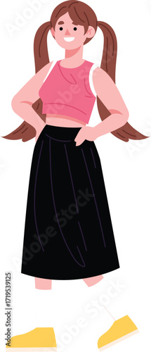 Smiling Girl in Pink Crop Top and Black Skirt with Pigtails.
