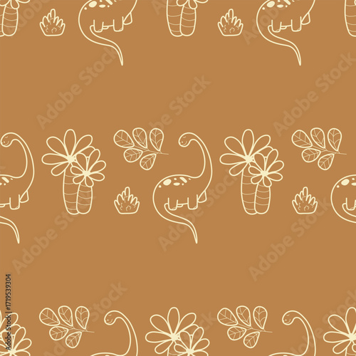 Seamless pattern with hand-drawn  brachiosaurus dinosaurs, tropical plants, and leaves in beige outlines on a warm brown background for kids designs