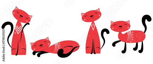 Vector set of hand drawn cats in traditional russian folk style. Mezen painting. Illustration of red cats in geometric art style on white background