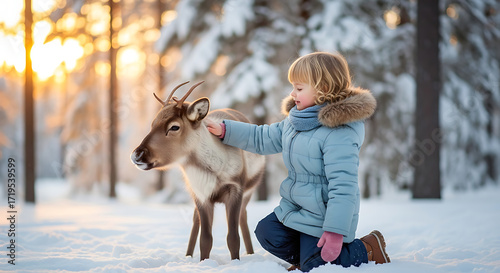 Young child gently petting a curious reindeer in a snowy forest at sunset