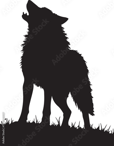 Black silhouette of a wolf howling on grass Keywords: wolf, silhouette, howling, animal, wild